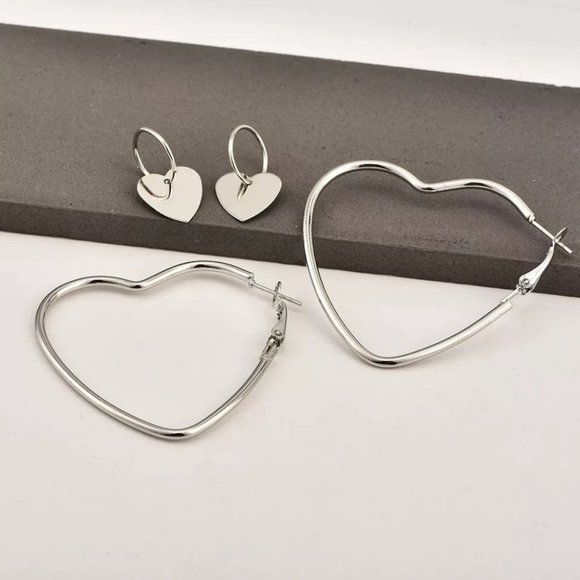 2Pair Double Heart Hoop Dangle Earrings - Picture 6 of 7